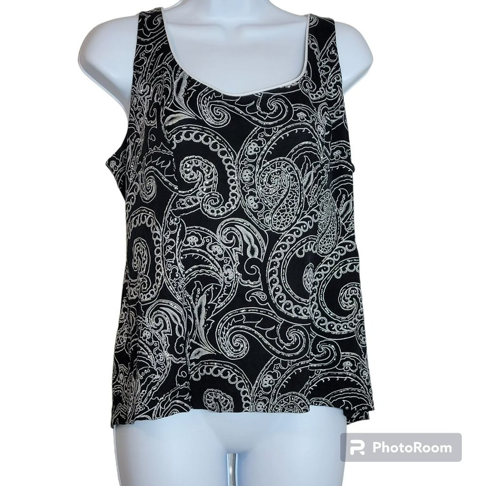Alex Evening Women's Large Black w/ White & Silver Swirl Print Camisole Tank EUC